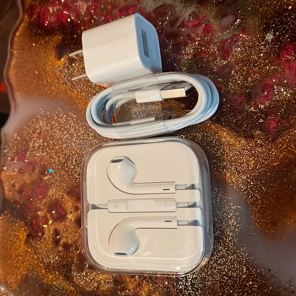 Apple charging cord, adapter and wired headphones
